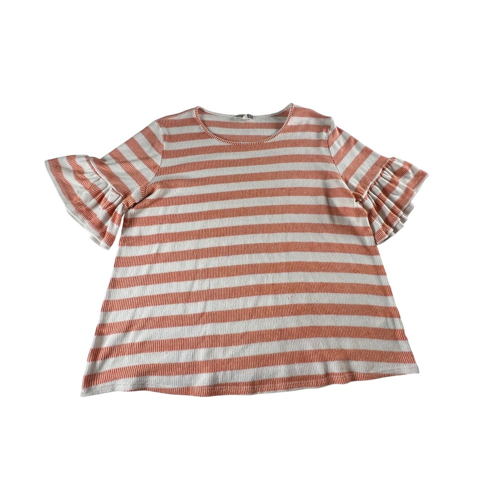 Pleione Orange White Striped Ruffle Bell Sleeve Ribbed Knit Top Large